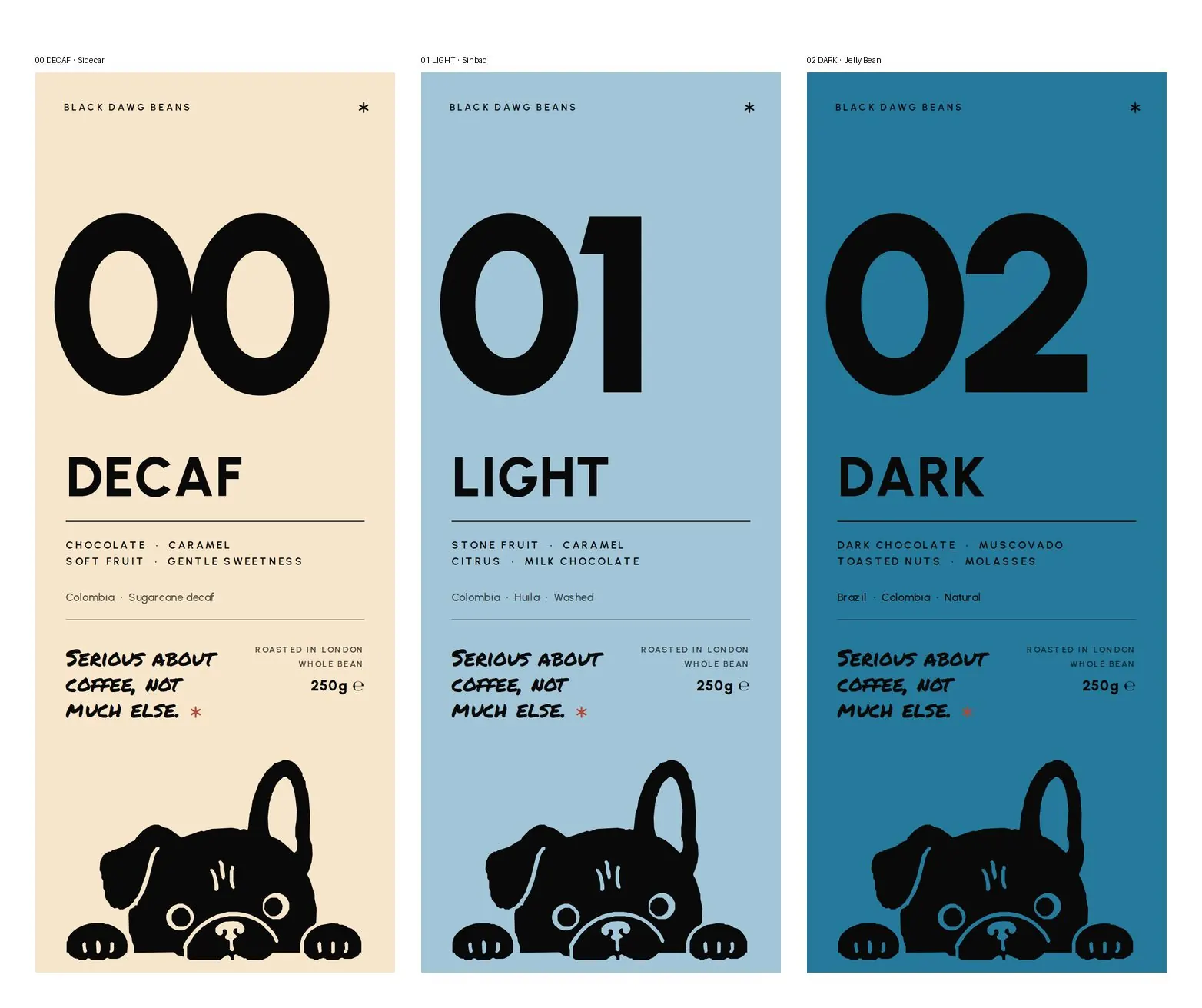 Black Dawg Beans bags: 00 Decaf in Sidecar, 01 Light in Sinbad, 02 Dark in Jelly Bean, each with the mascot peeking over the bottom