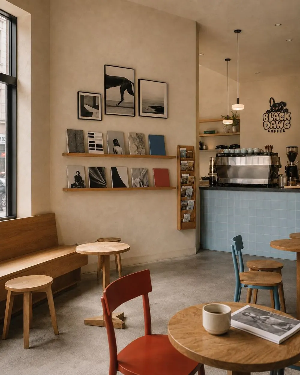 Black Dawg café interior with bench seating, framed prints and the espresso bar
