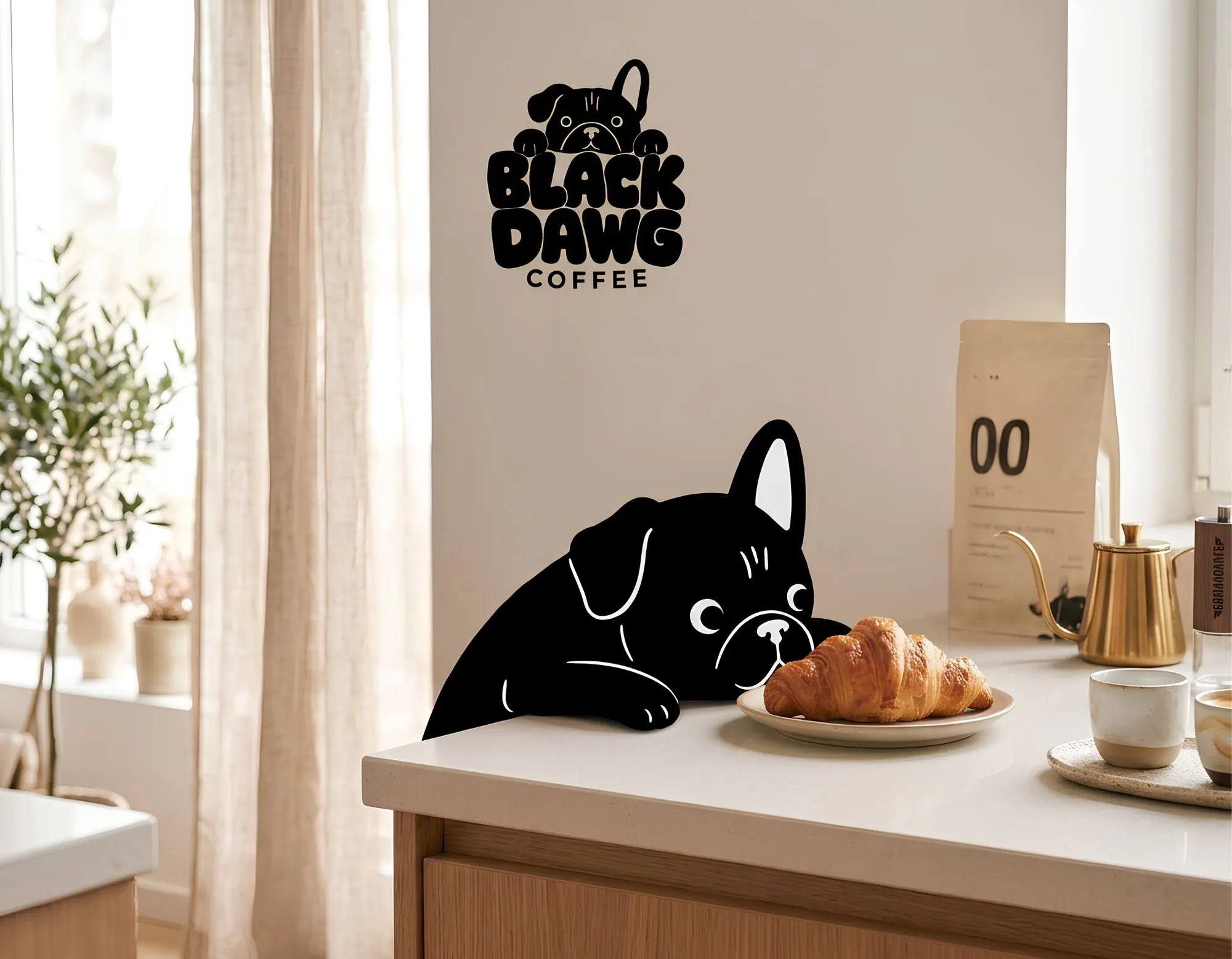 Black Dawg mascot peering over a café counter at a croissant, with Black Dawg coffee bags behind