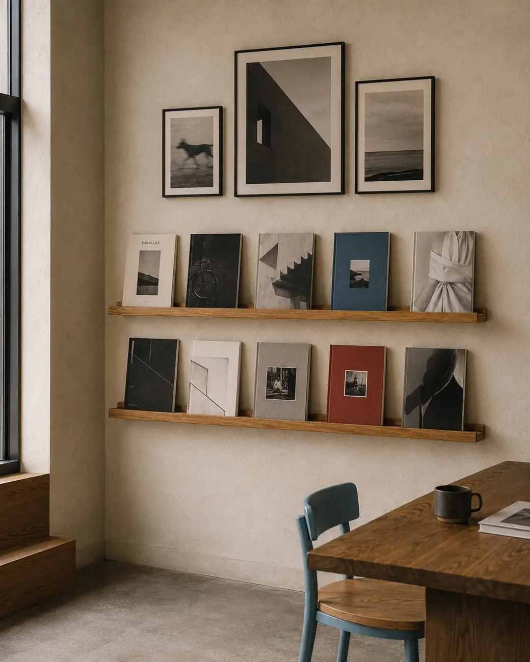 Black Dawg interior: framed prints and book ledges above a wooden table
