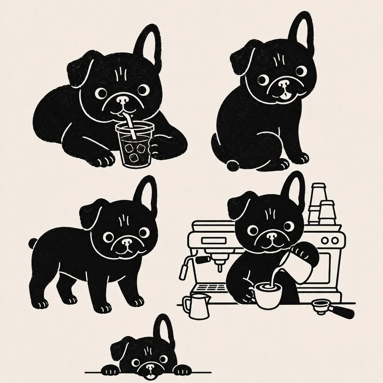 Black Dawg mascot illustrations: drinking coffee, sitting, working the espresso machine and peeking