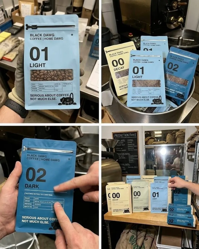 Photographs of the Black Dawg Beans bags on the café counter