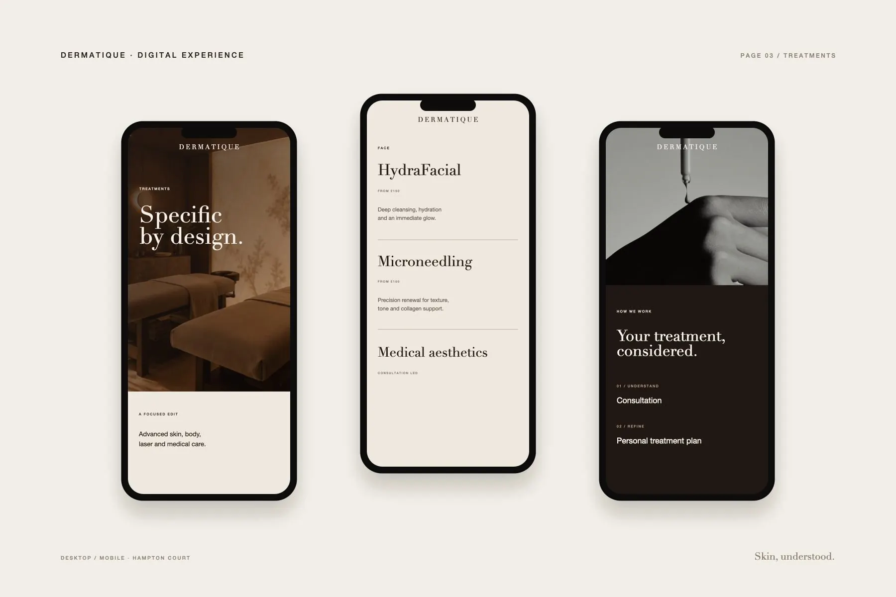 Three Dermatique mobile screens: home, treatments and a treatment detail
