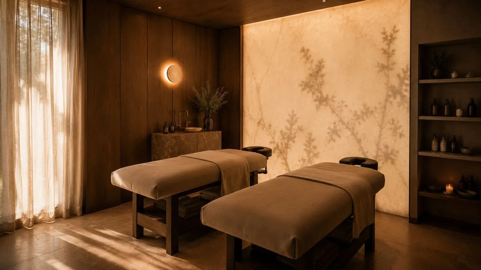 Dermatique treatment room with two treatment beds in low, warm light