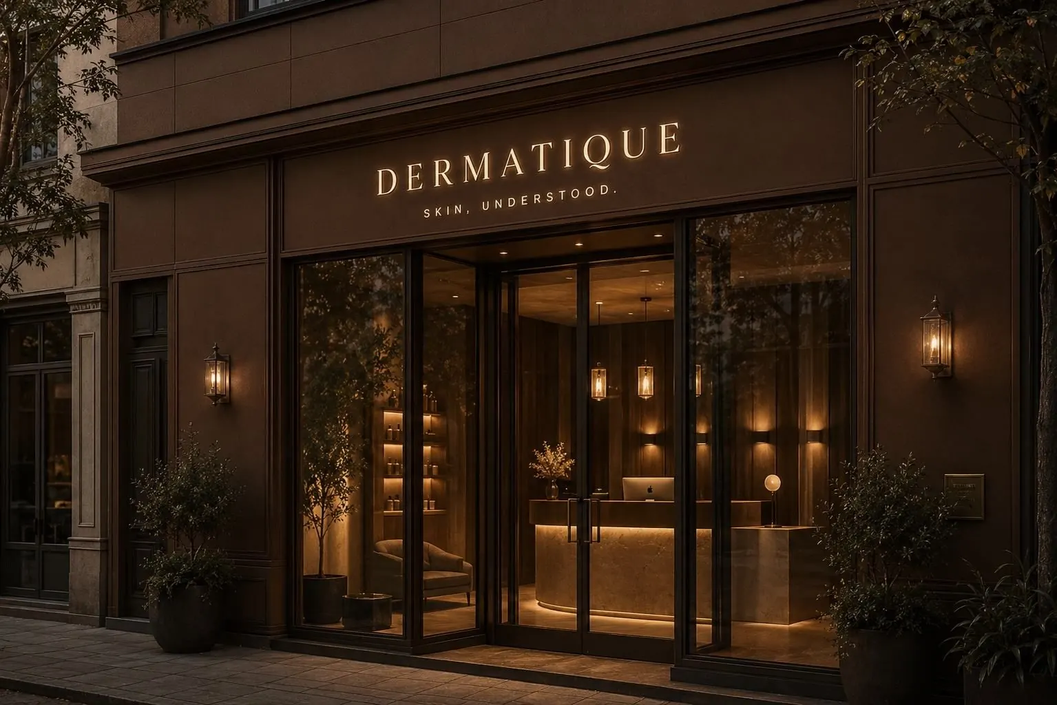 Dermatique shopfront at dusk with its illuminated sign