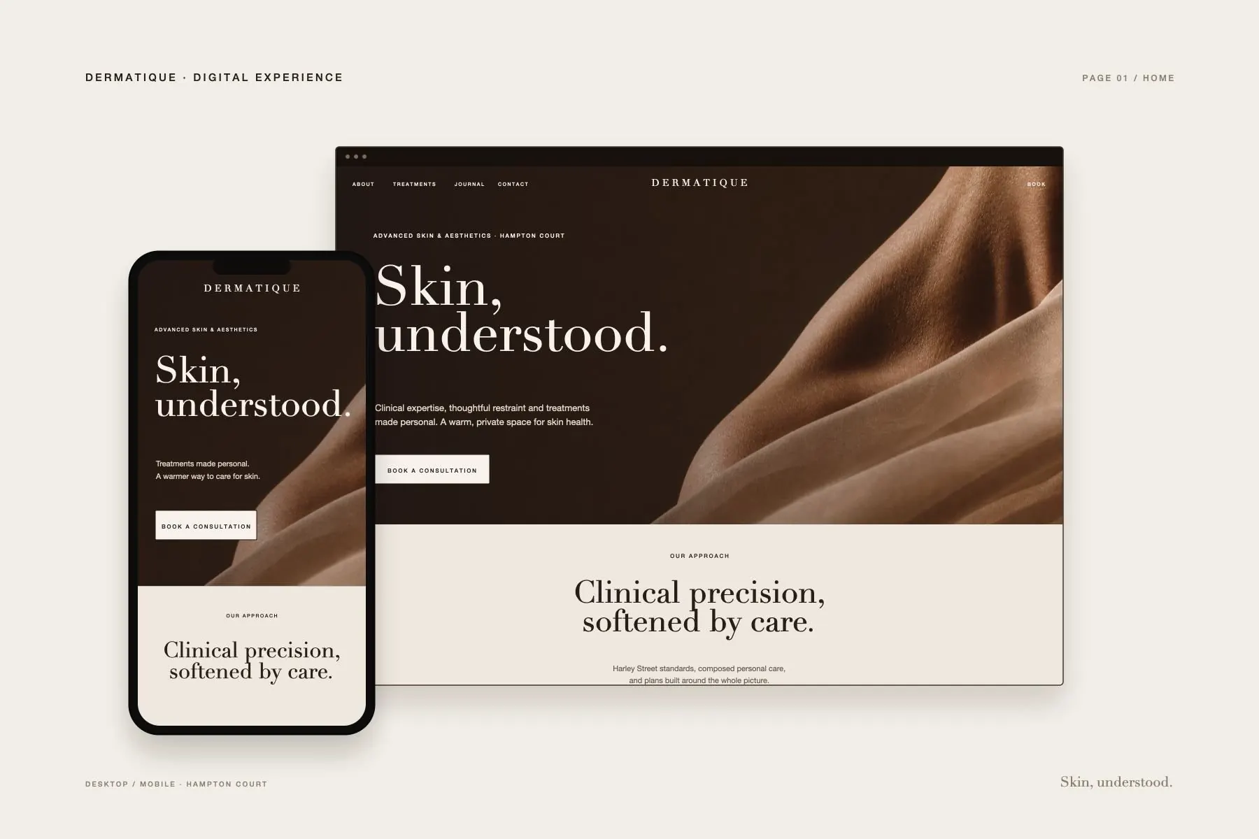 Dermatique website home page on desktop and mobile: Skin, understood