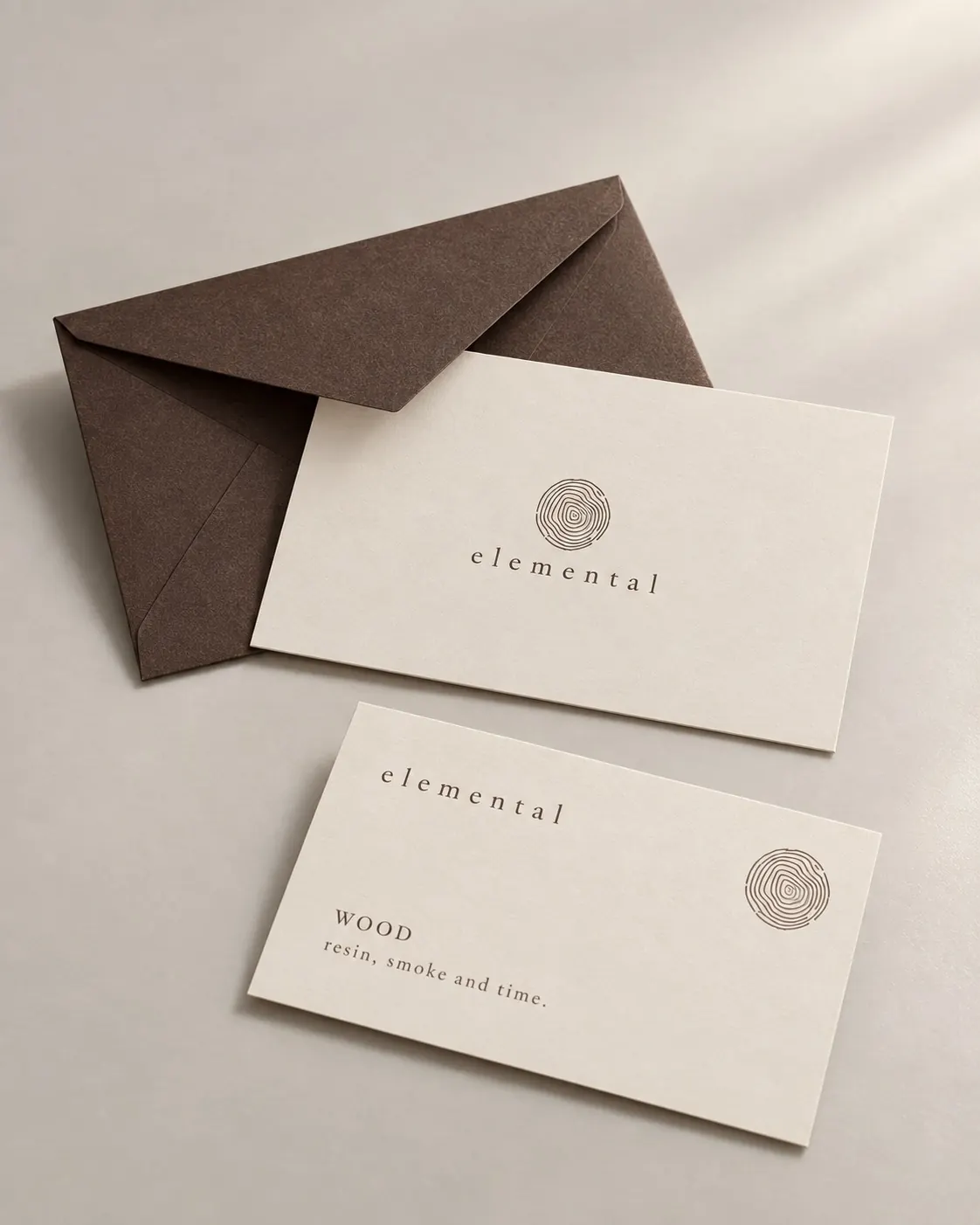 An Elemental gift card and envelope, reading WOOD: resin, smoke and time