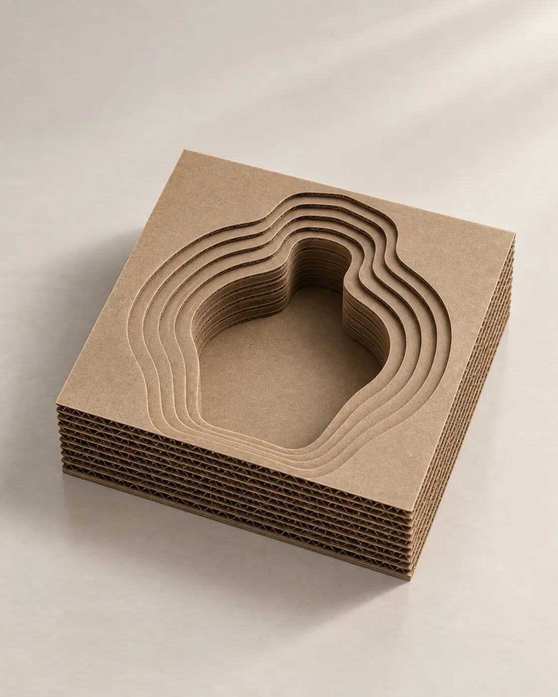 The empty cardboard insert on its own, its rings cut in stacked corrugated board