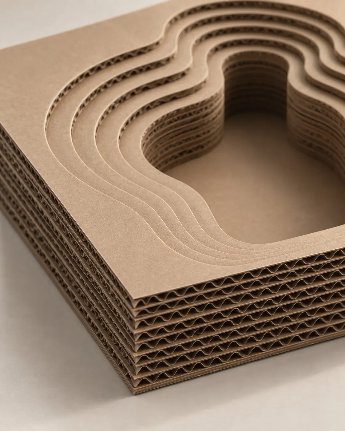 Macro corner view of the stacked, die-cut cardboard rings inside the WOOD box