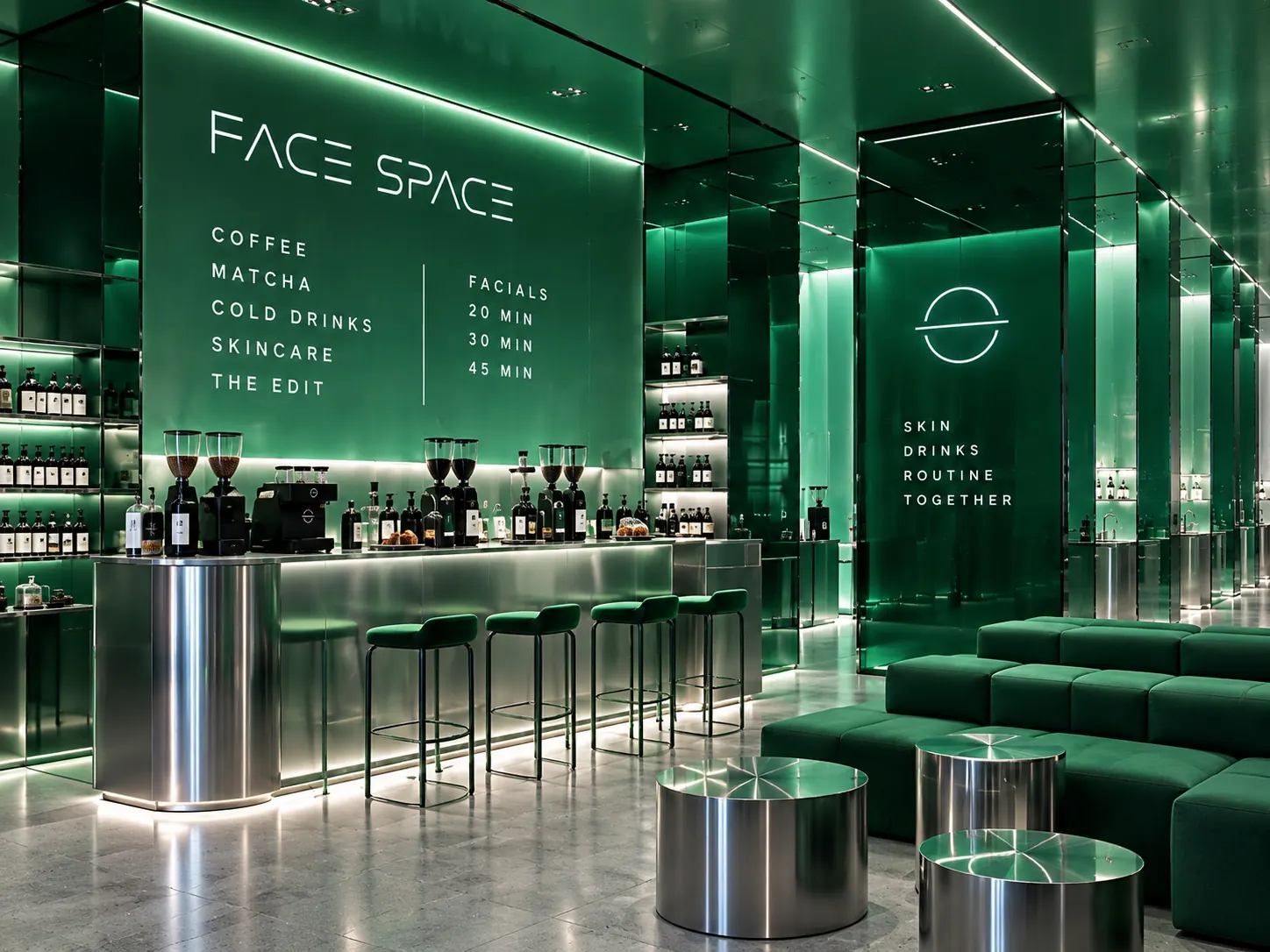The Face Space coffee bar in mirrored green, with bar stools, banquette seating and the menu wall behind