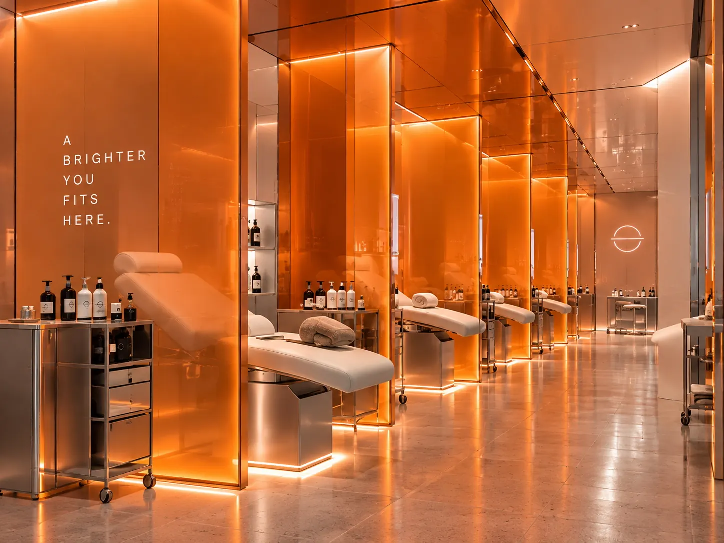 The Face Space treatment corridor in orange, with white treatment beds between lit mirrored bays