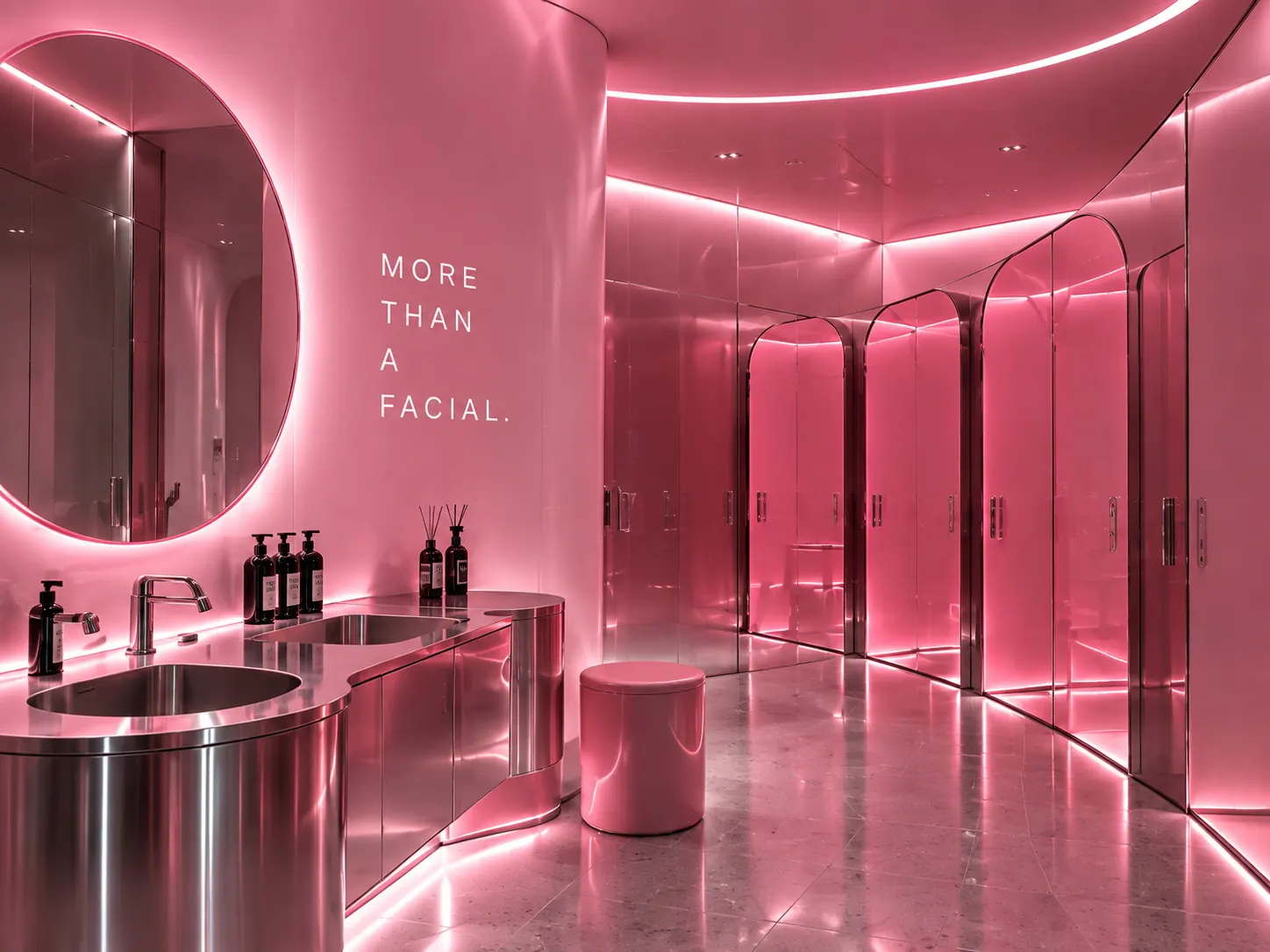 The Face Space washroom in pink, with a backlit round mirror, stainless basins and curved cubicle doors