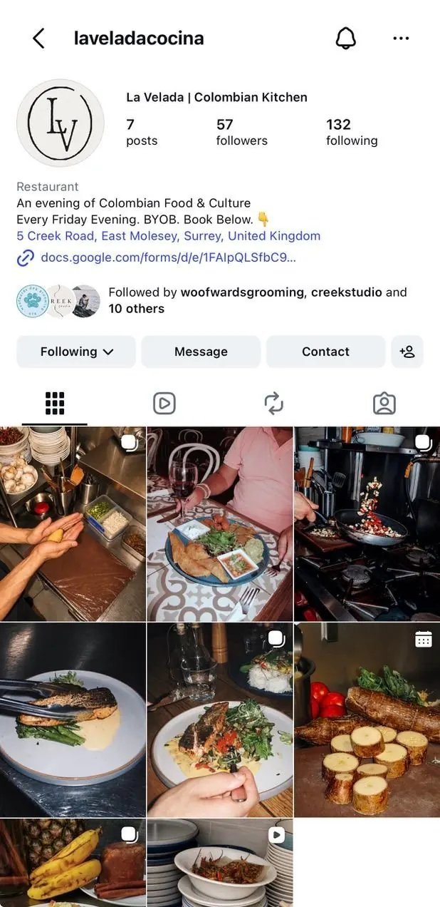 The La Velada Instagram profile, a grid of food and printed pieces