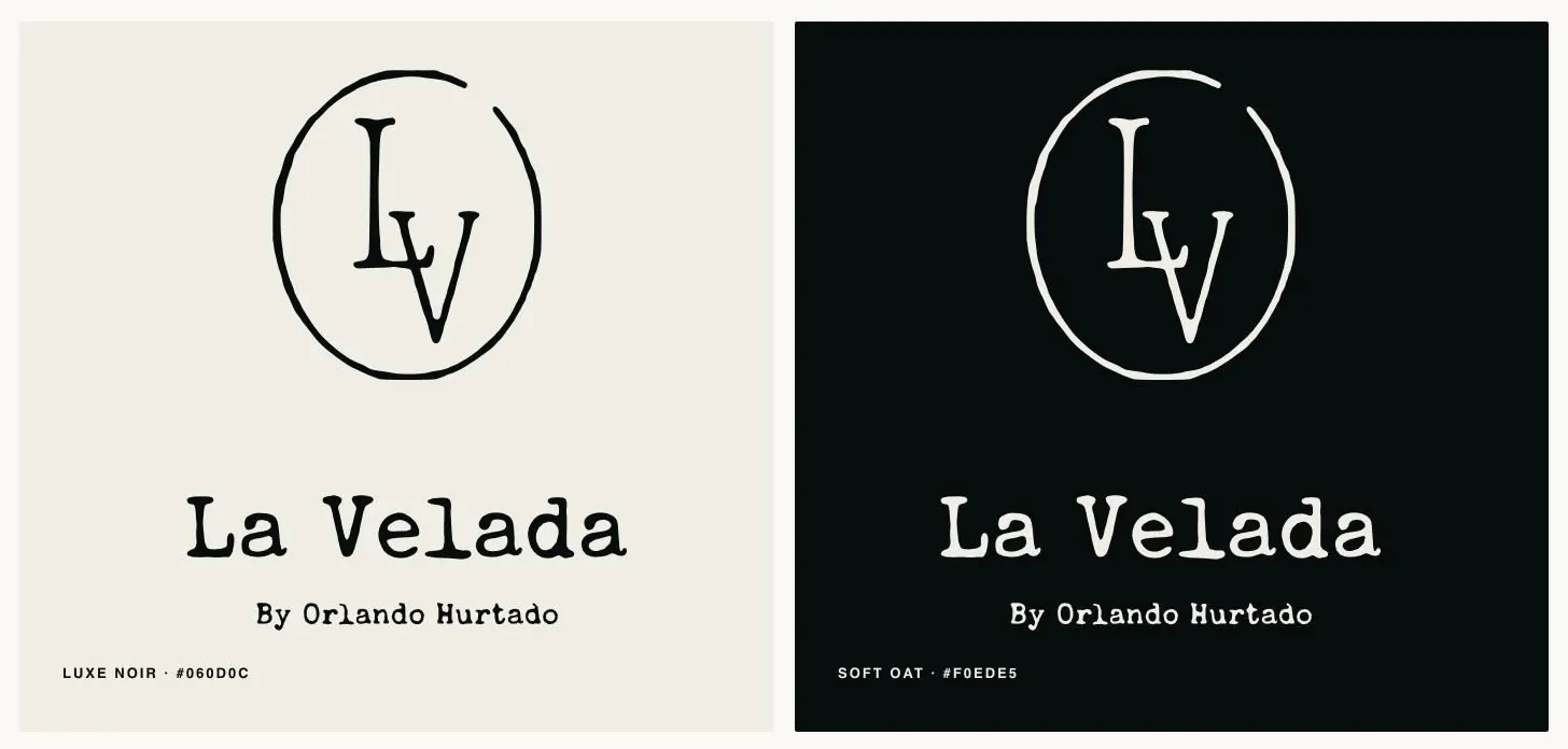 The La Velada lockup in both colourways: the LV monogram, the wordmark and By Orlando Hurtado, on soft oat and on luxe noir