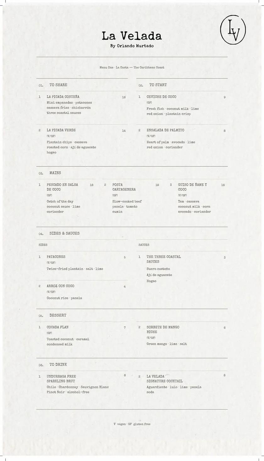 Inside the La Velada menu: dishes listed in typewriter type