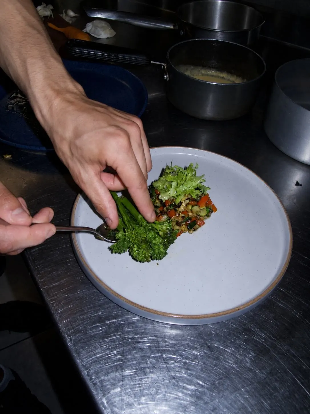 Hands plating greens onto a white plate on a steel counter