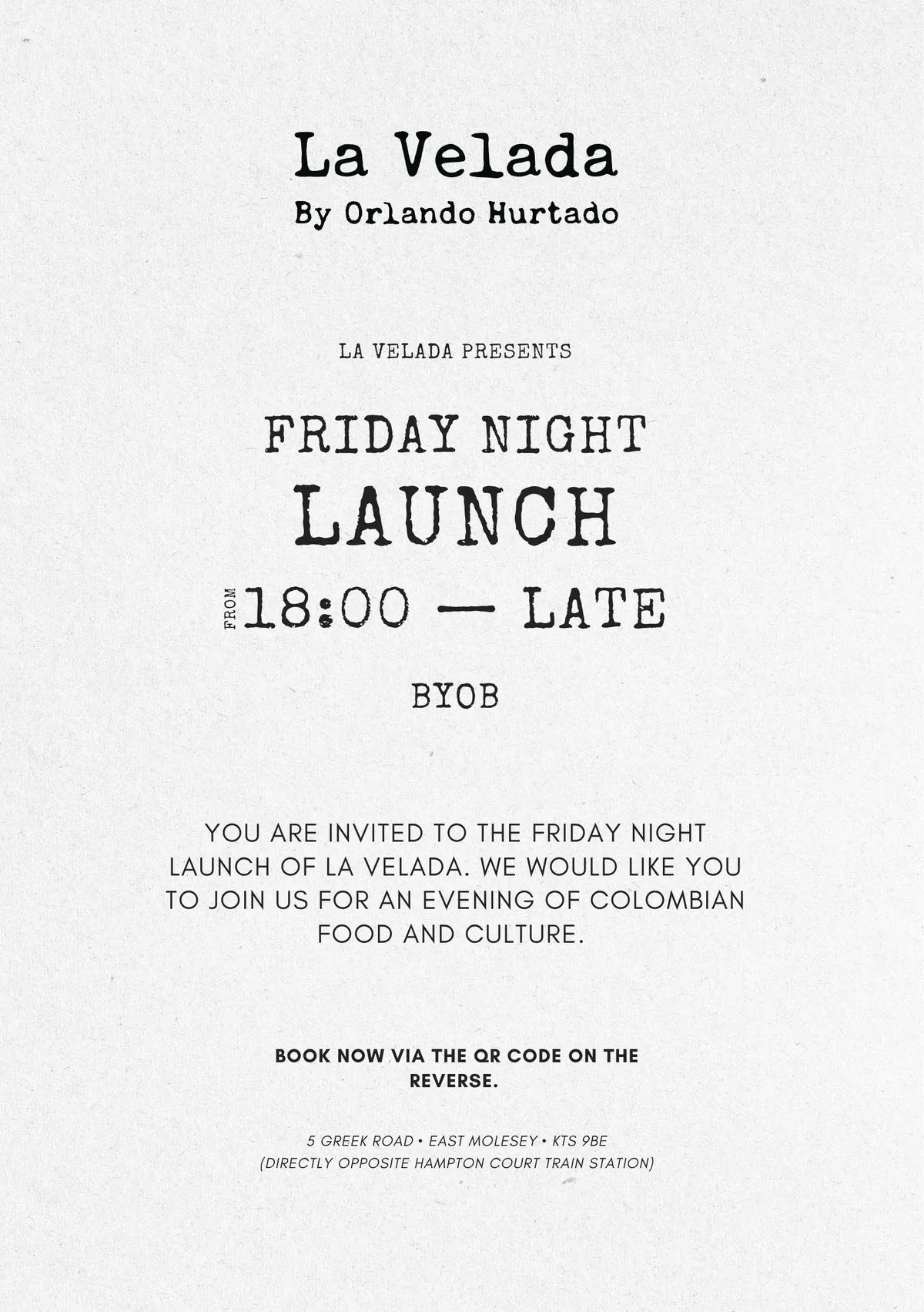 La Velada Friday night launch poster in typewriter type