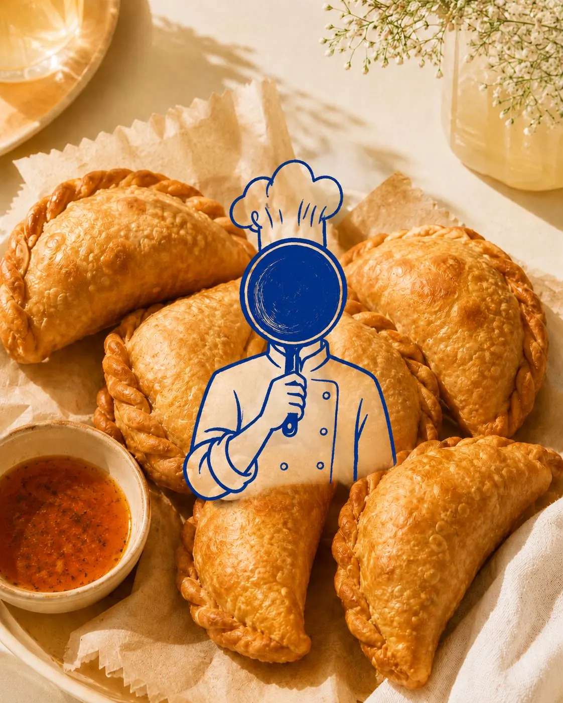 A basket of empanadas with dipping sauce and a blue Sin Cara chef sticker