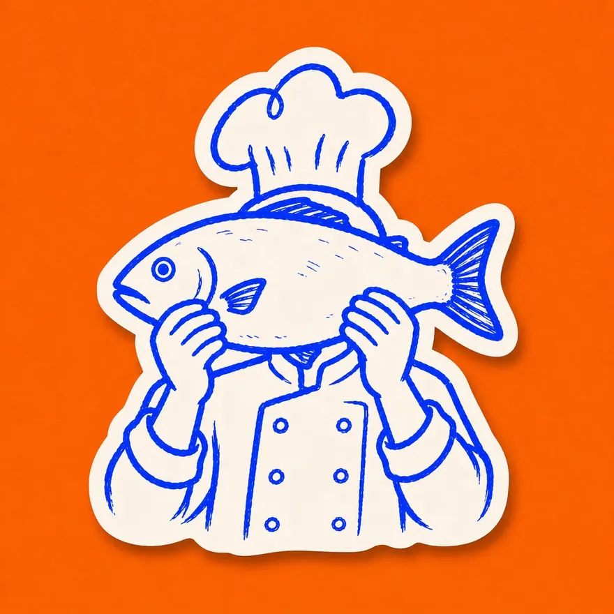 Sin Cara chef sticker hiding behind a whole fish