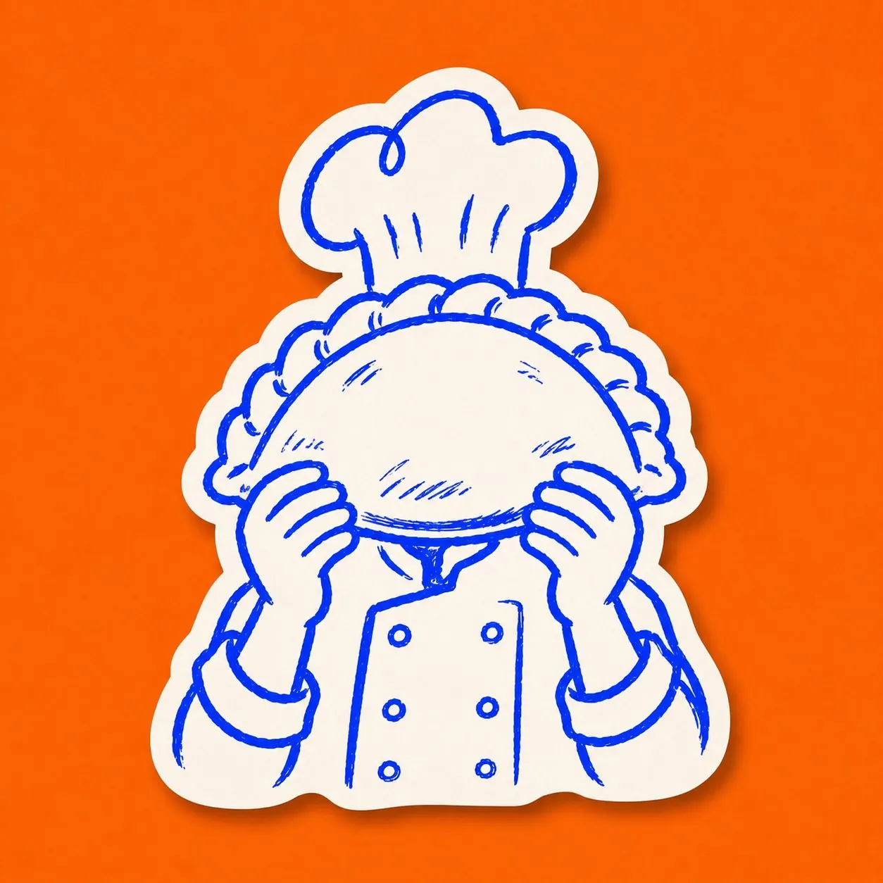 The Sin Cara chef on orange, holding an empanada in front of their face