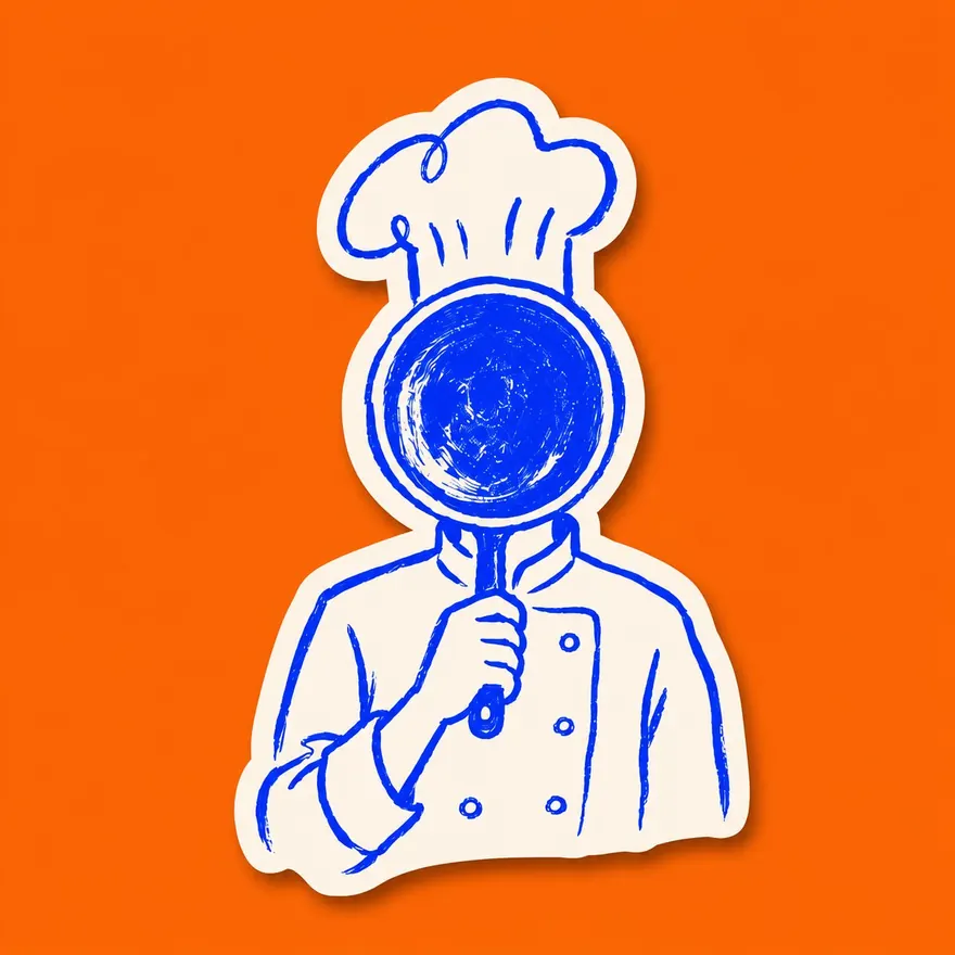 Sin Cara chef sticker hiding behind a frying pan