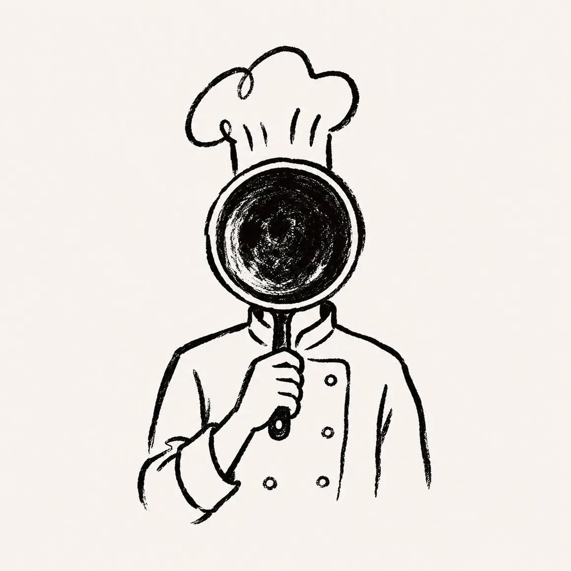 Line drawing of a chef holding a frying pan in front of their face