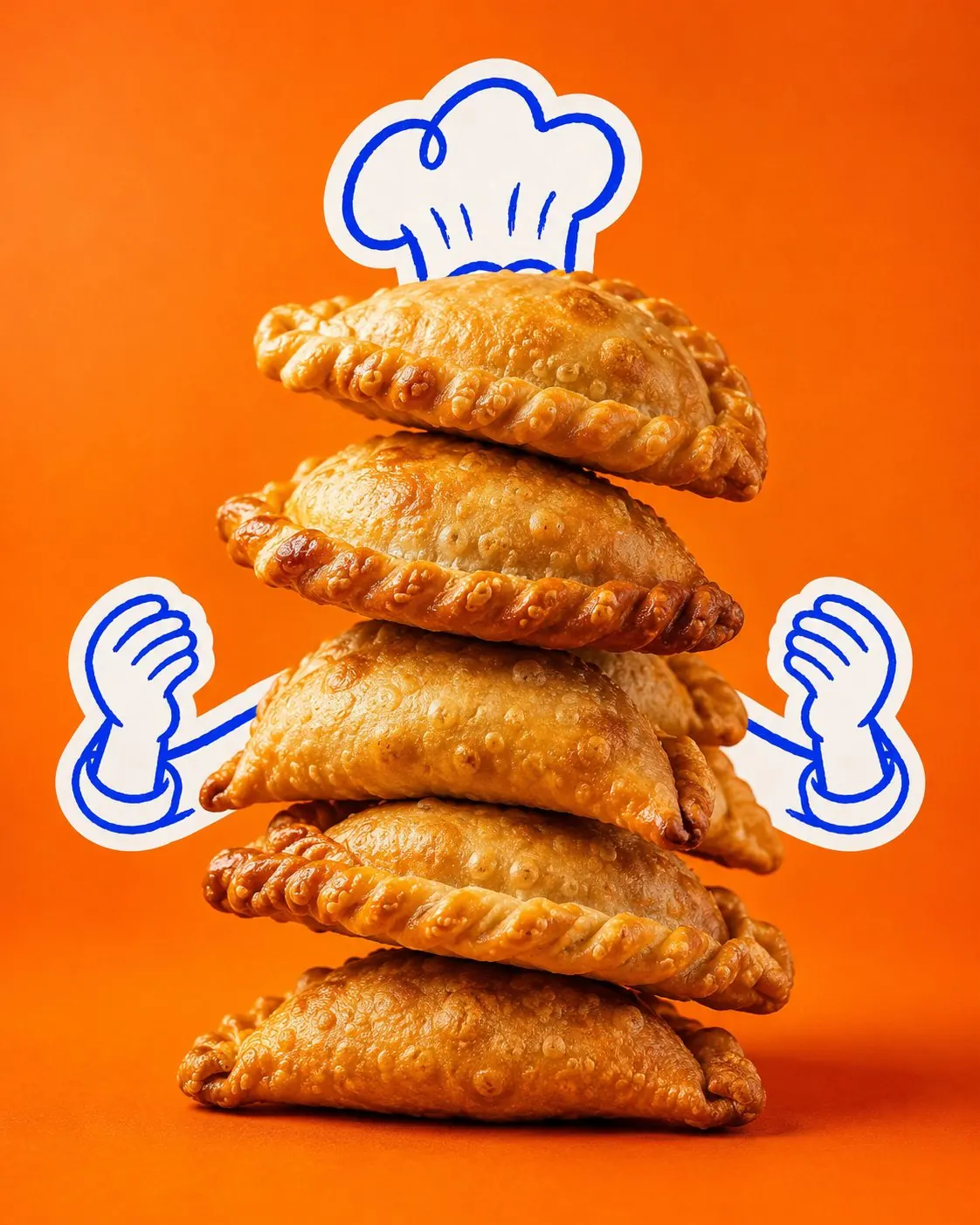 A stack of empanadas on orange with the Sin Cara chef hat and hands drawn around it