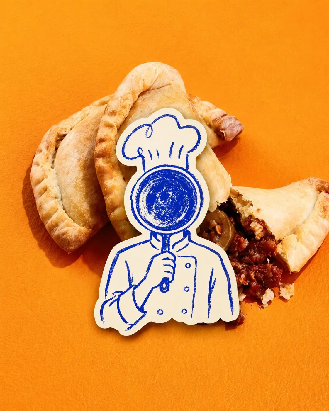 Empanadas on orange with a Sin Cara chef sticker hiding behind a frying pan